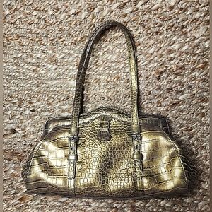 MX Brand Mock Croc Pattern Textured Faux Leather Gold Handbag Purse. Vintage